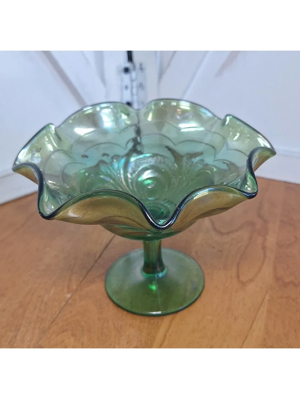 VTG Uranium Green Glass Scroll Embossed Footed Candy Compote Dish 4.5